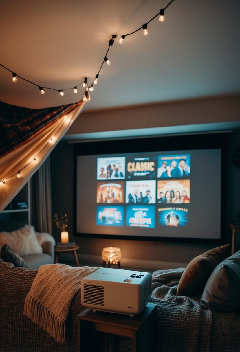 A cozy living room with a blanket fort, pillows, and a projector screening a lineup of classic movies