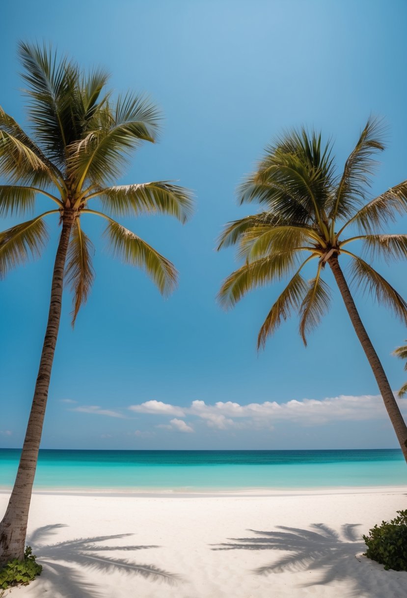 A serene beach with clear turquoise waters, white sand, and a cloudless blue sky. Palm trees sway in the gentle breeze, creating a tranquil and idyllic setting for a wedding