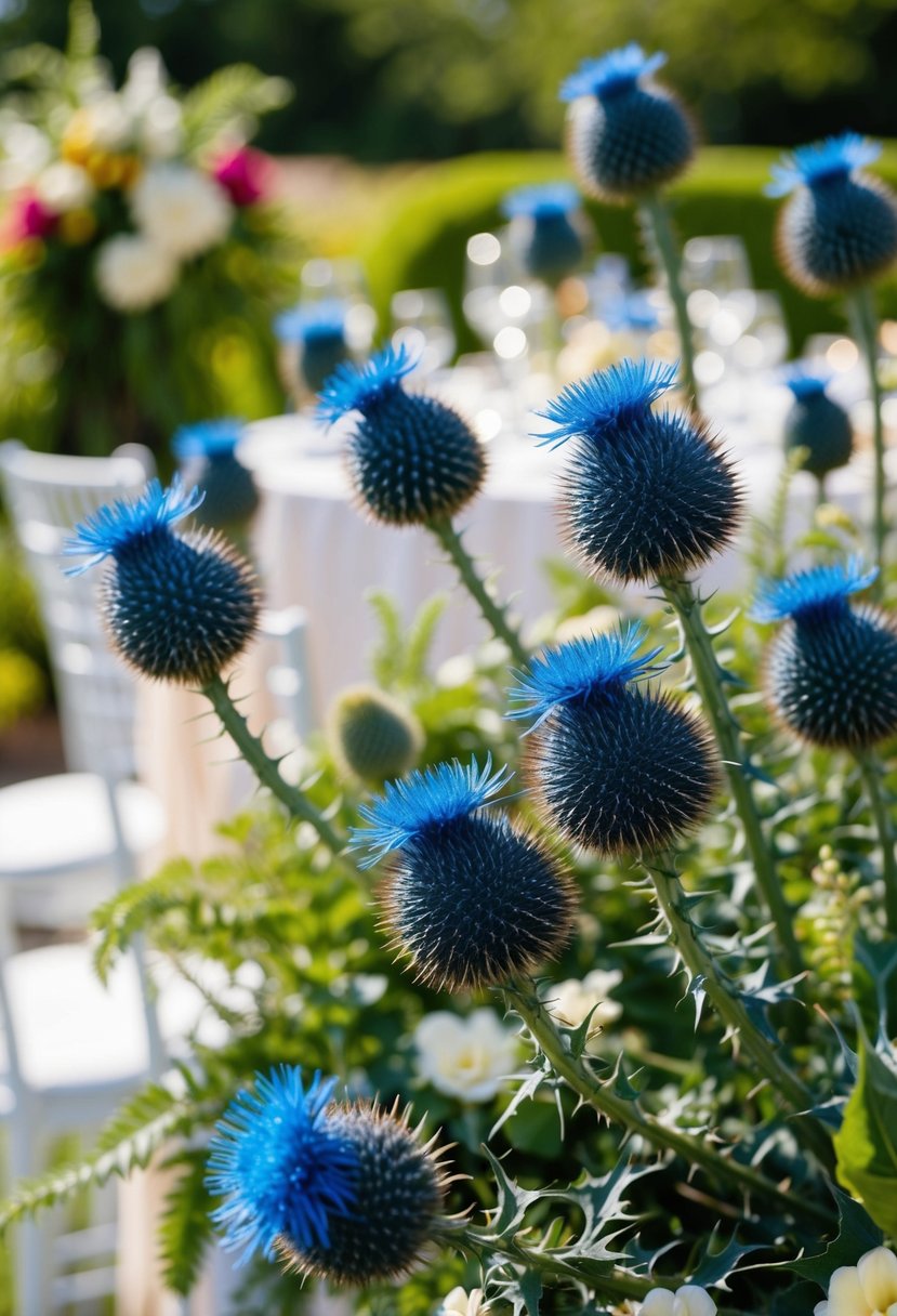 A serene garden with vibrant blue thistle flowers amidst elegant wedding decor