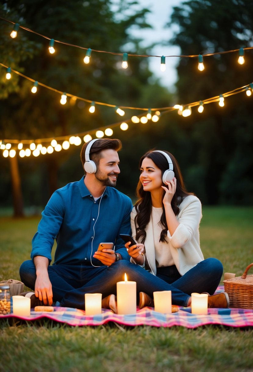 A couple sits on a picnic blanket surrounded by string lights and candles, sharing headphones and listening to music from a homemade playlist