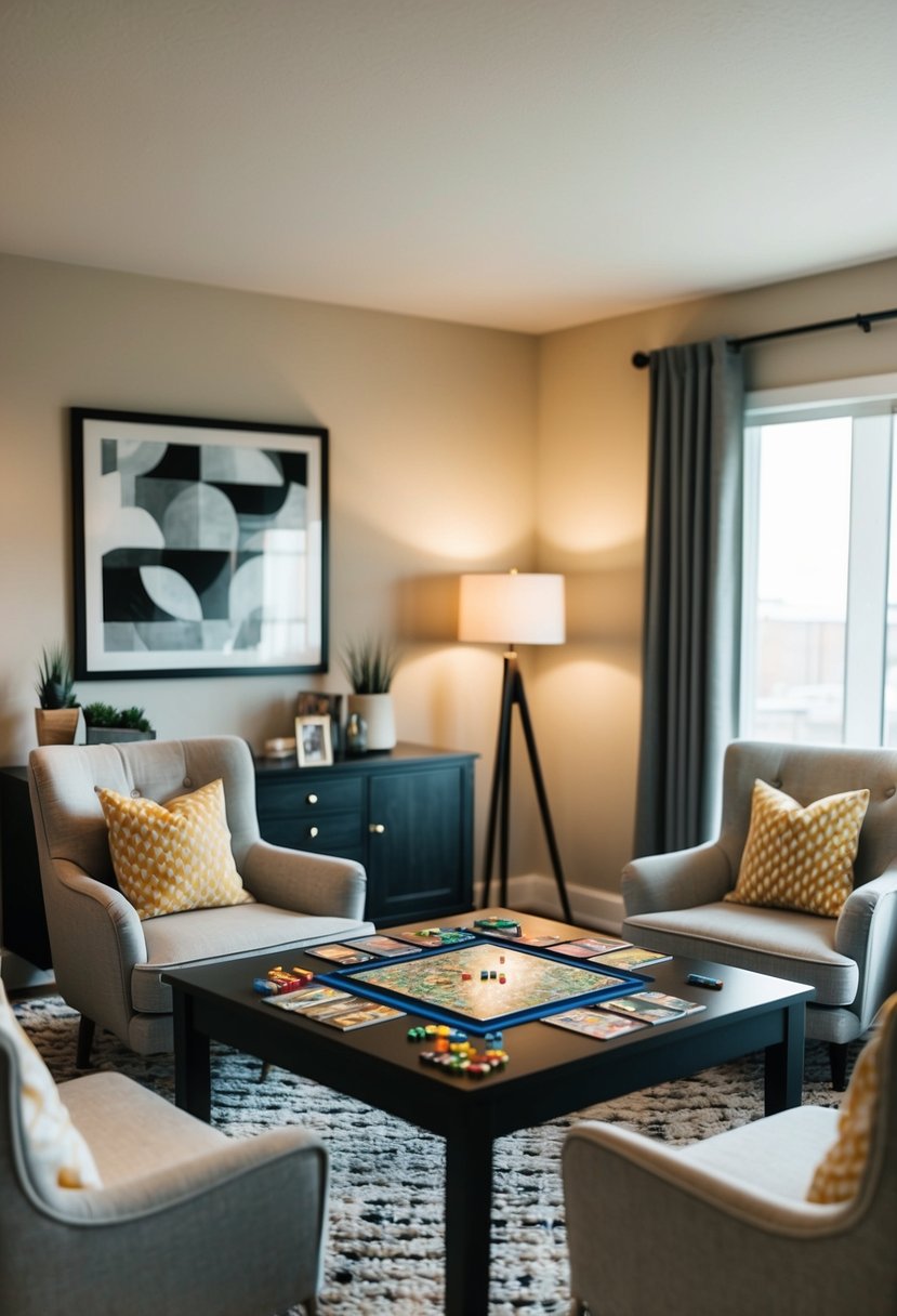 A cozy living room with a table set for board games, surrounded by comfy chairs and soft lighting