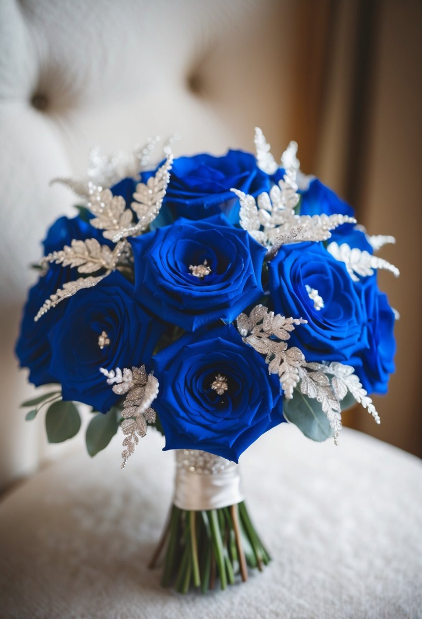 A regal blue wedding bouquet with delicate silver accents