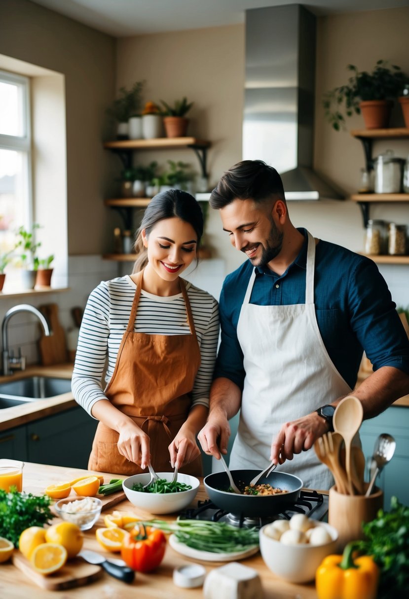 A couple in a cozy kitchen, surrounded by fresh ingredients and cooking utensils, working together to create a new recipe