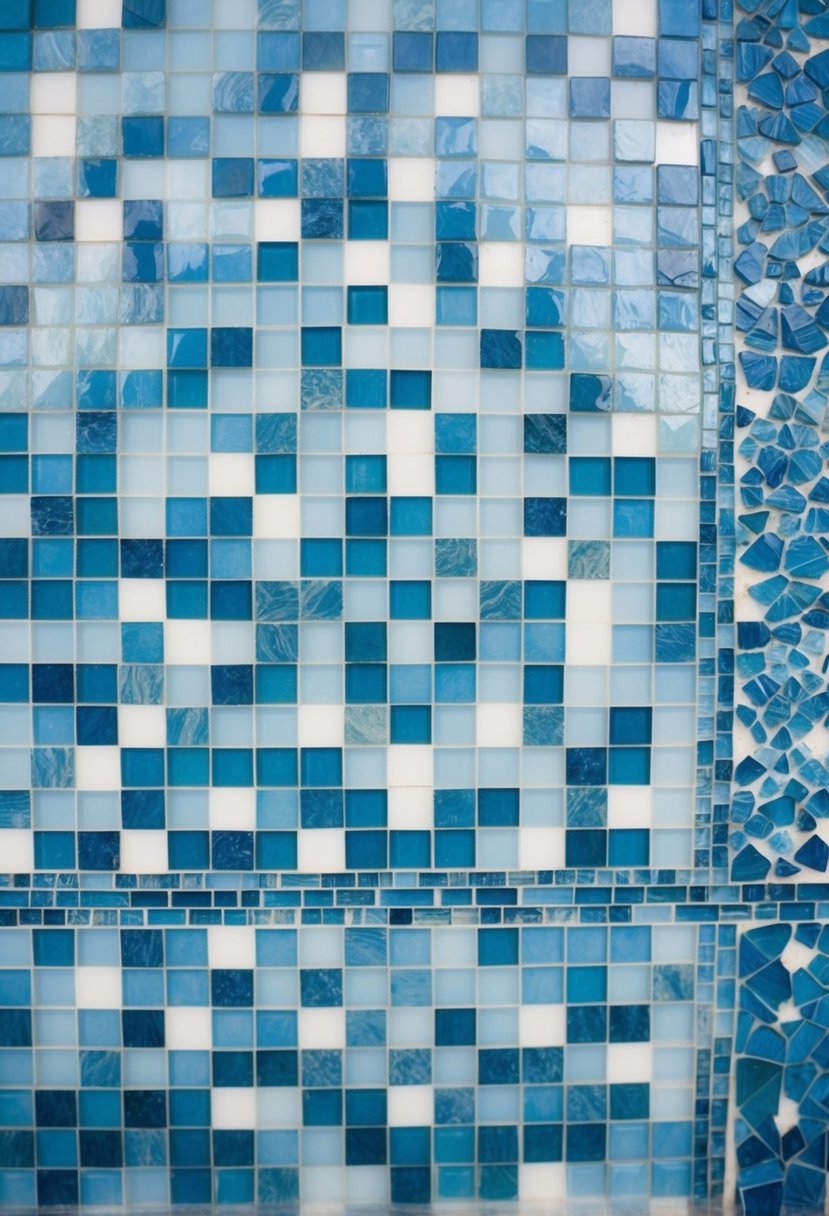 A serene blue mosaic pattern with intricate details and varying shades, evoking a sense of elegance and sophistication