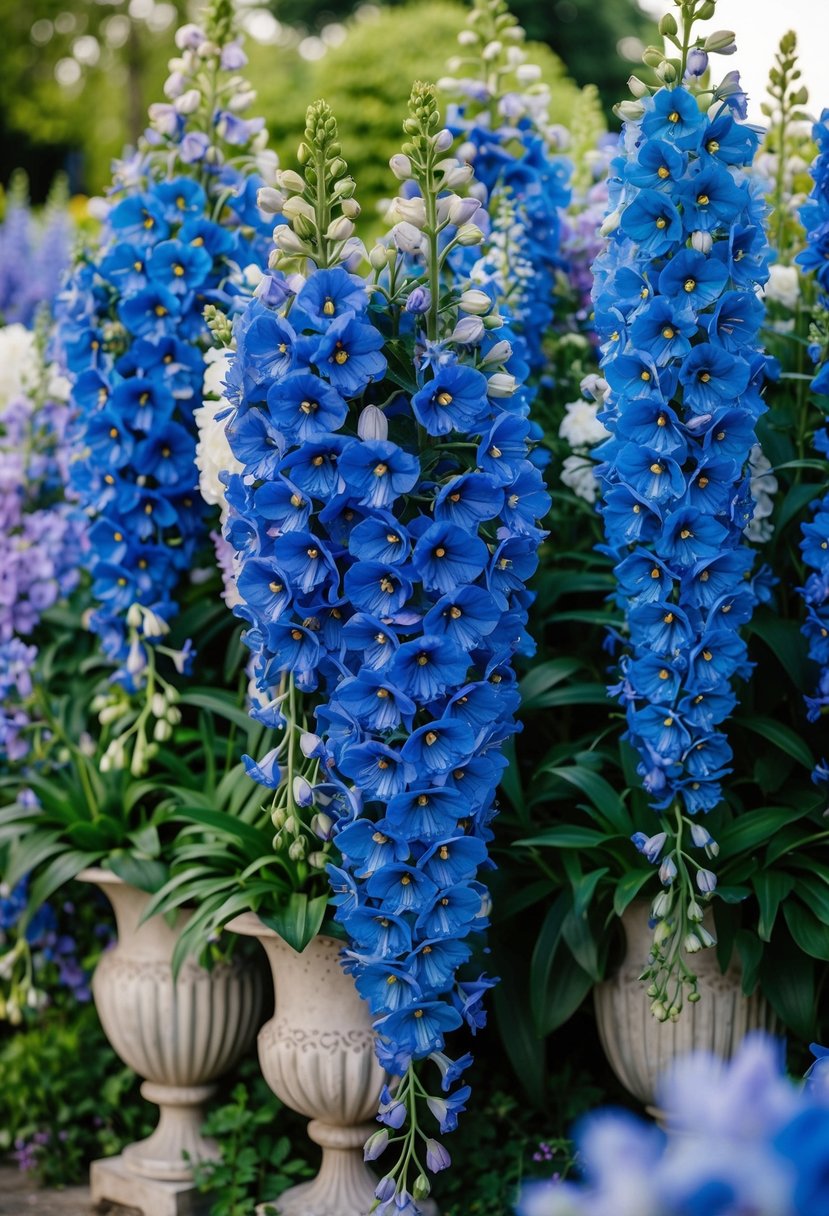 A lush garden filled with vibrant blue delphiniums cascading from ornate vases, creating an opulent and stunning backdrop for a wedding