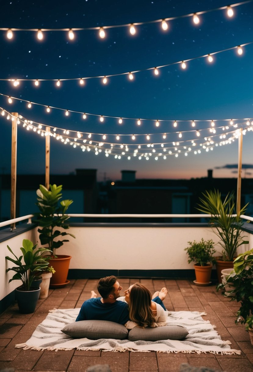 A couple lays on a blanket, gazing up at the stars on a rooftop surrounded by potted plants and string lights