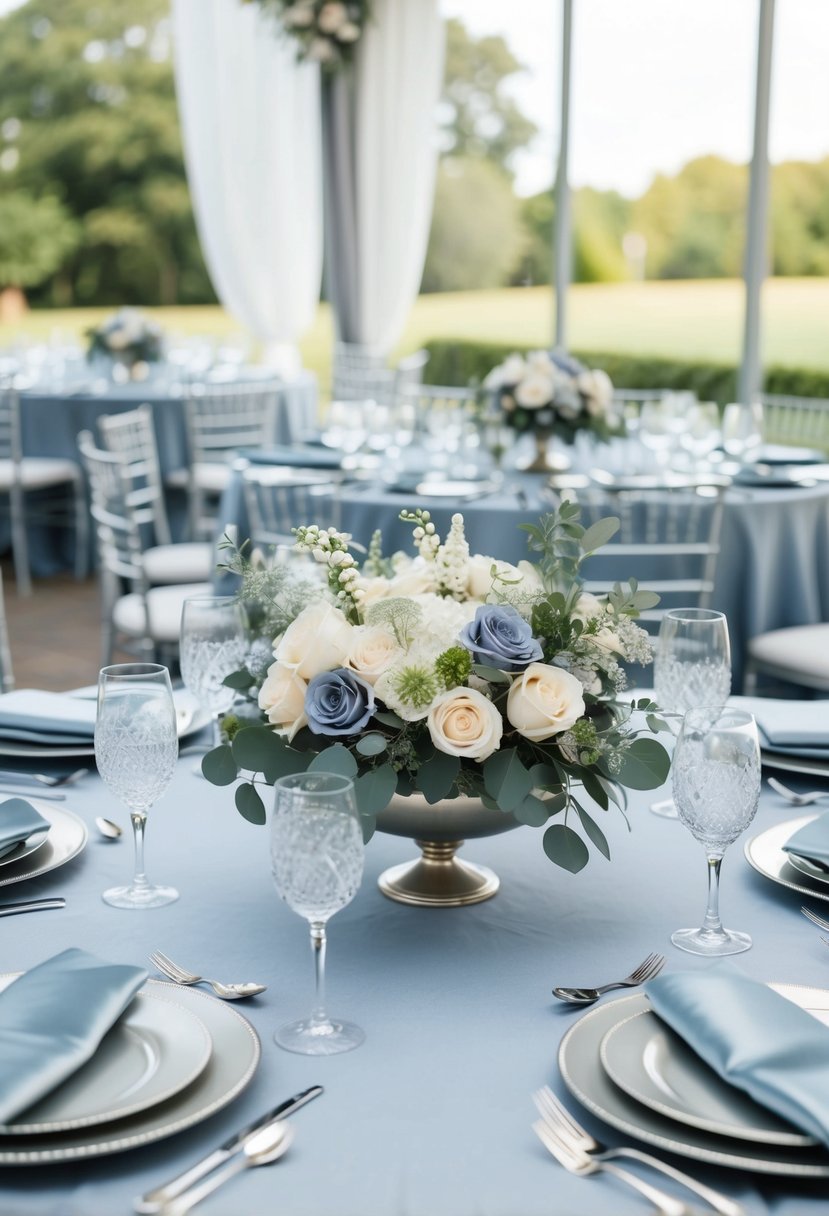 A dusty blue and silver wedding table setting with elegant floral centerpieces and shimmering table linens