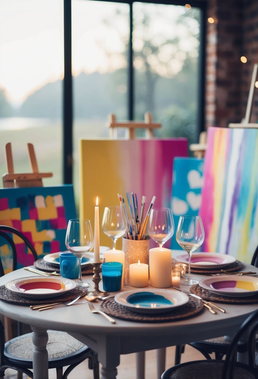 A cozy table set with paint supplies, candles, and wine glasses, surrounded by colorful canvases and a tranquil backdrop