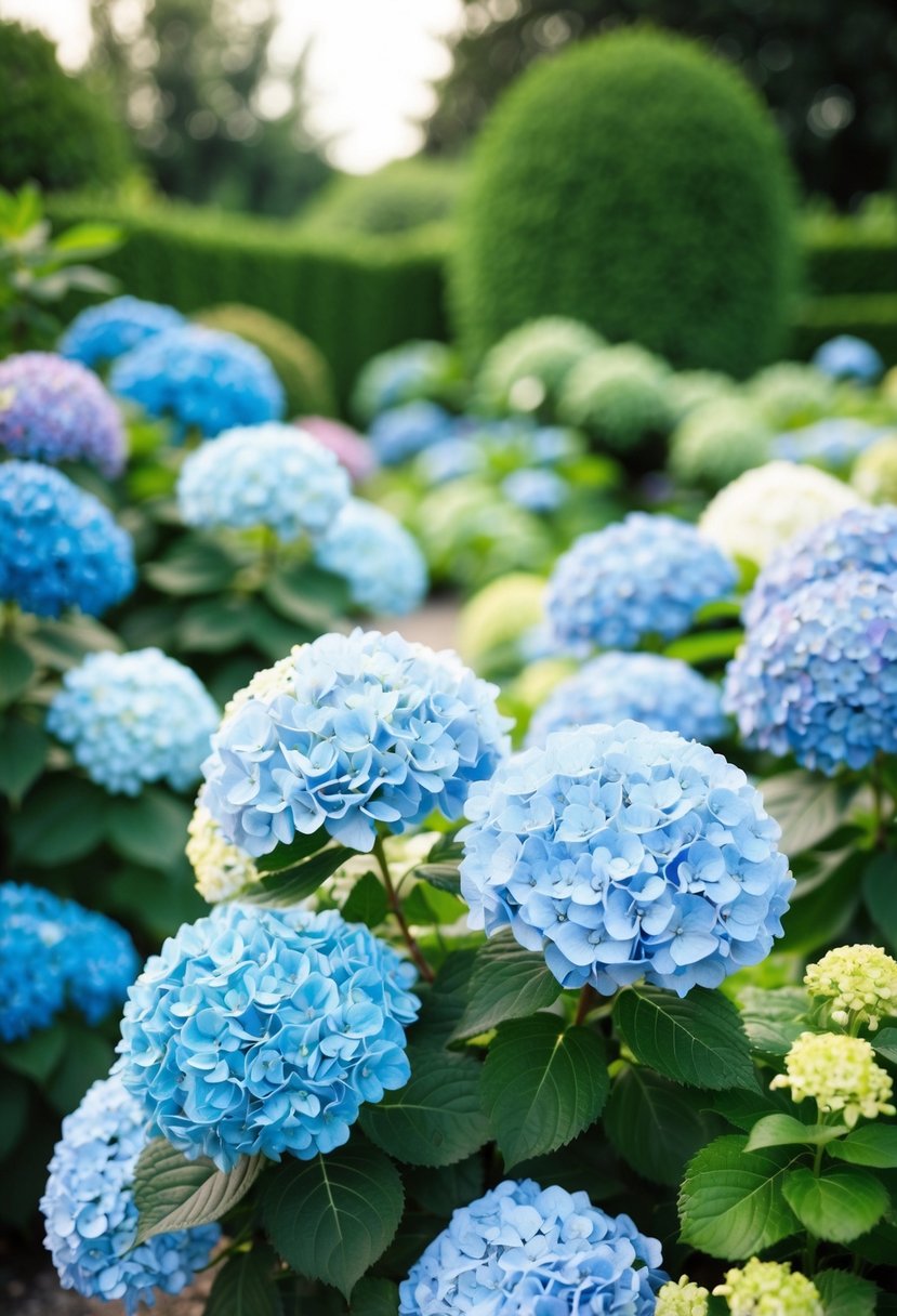 A serene garden with lush blue hydrangeas in various shades, creating a tranquil and elegant atmosphere for a wedding