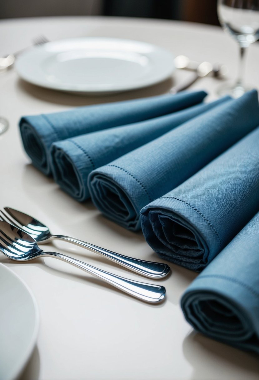 Dusty blue napkins neatly folded beside gleaming silver cutlery on a table