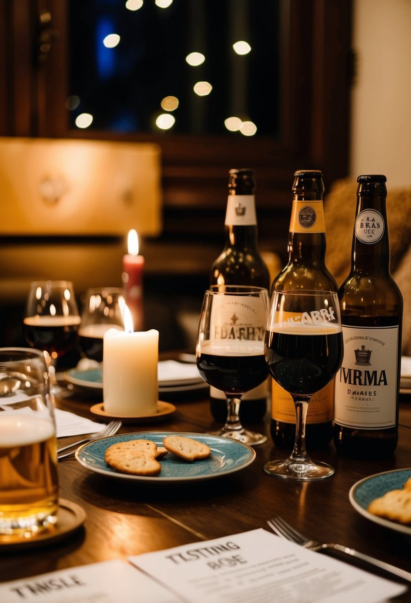 A cozy table set with wine and beer bottles, glasses, and tasting notes. A candle flickers in the dim light, creating a romantic atmosphere