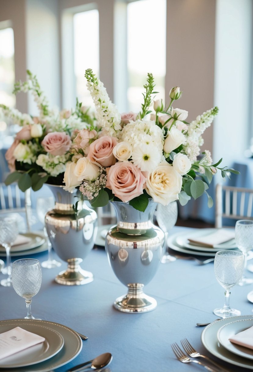 Blush and white floral centerpieces in silver vases adorn dusty blue and silver wedding decor