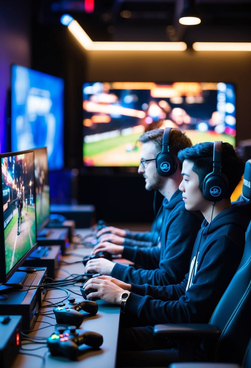 A couple competes in a video game tournament, surrounded by gaming consoles, controllers, and a large screen displaying the action