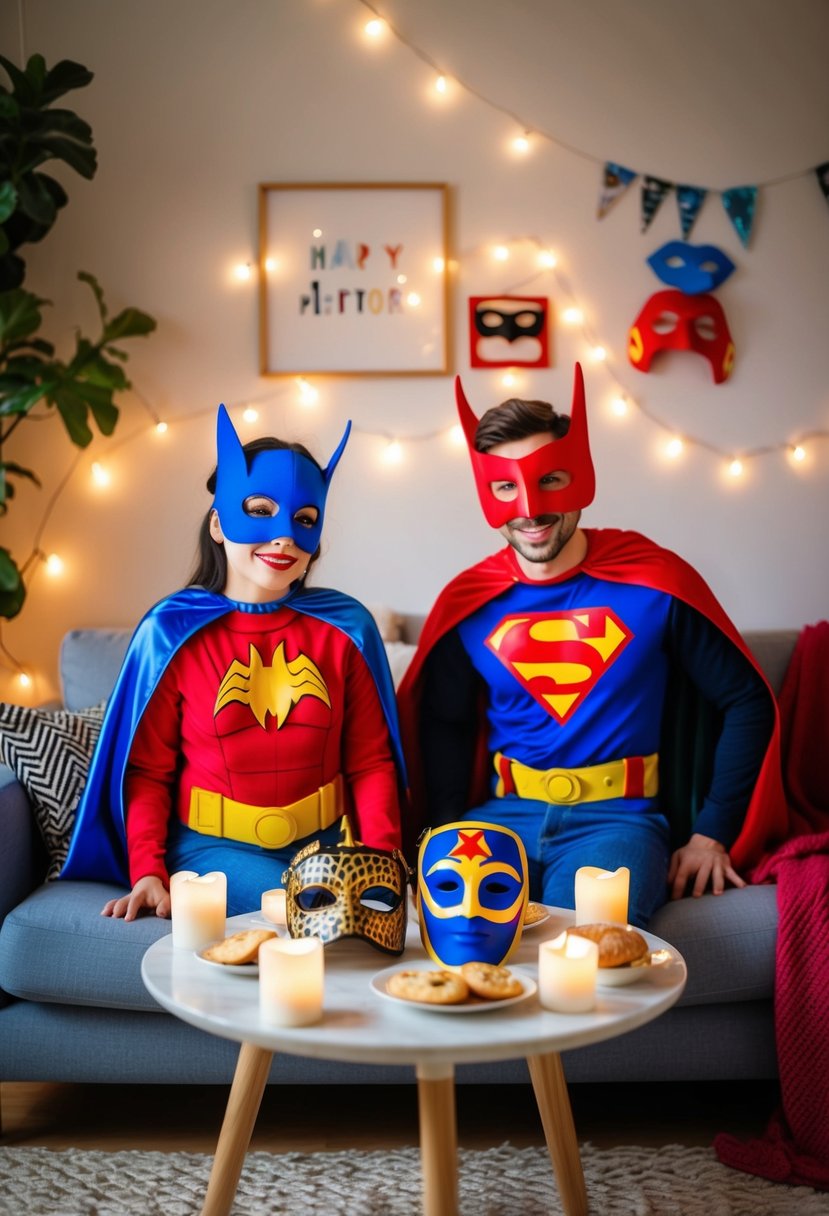 A cozy living room with a table set for two, adorned with DIY-themed costumes like superhero capes and masquerade masks. Fairy lights and candles create a romantic ambiance