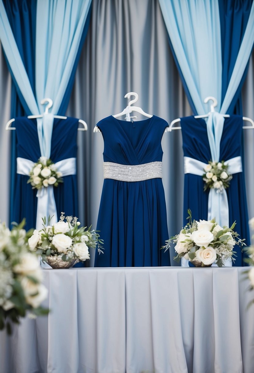 Navy blue dresses with silver sashes, set against a backdrop of dusty blue and silver wedding decor