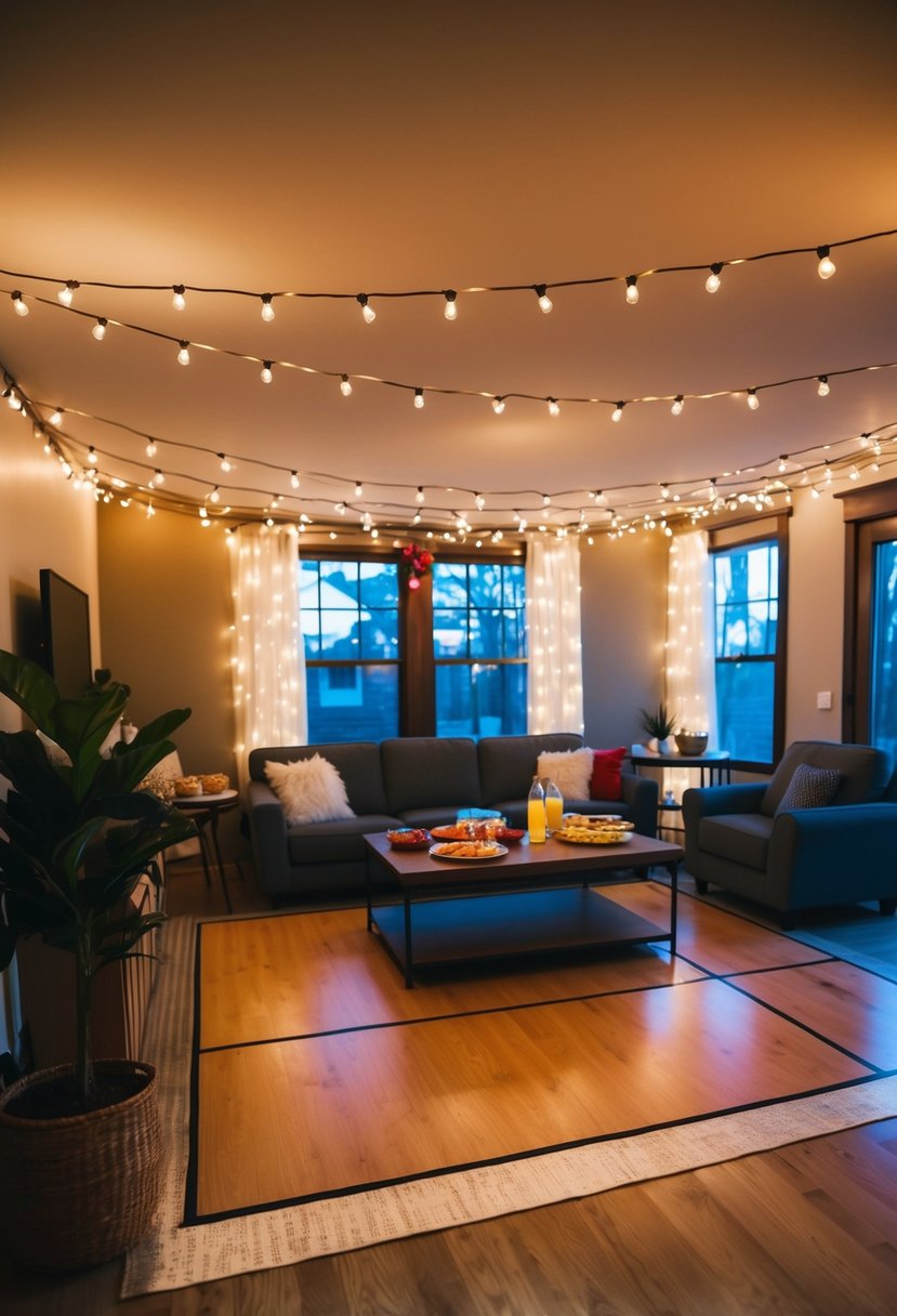 A cozy living room with twinkling string lights, a makeshift dance floor, and a table set with snacks and drinks for a home dance party