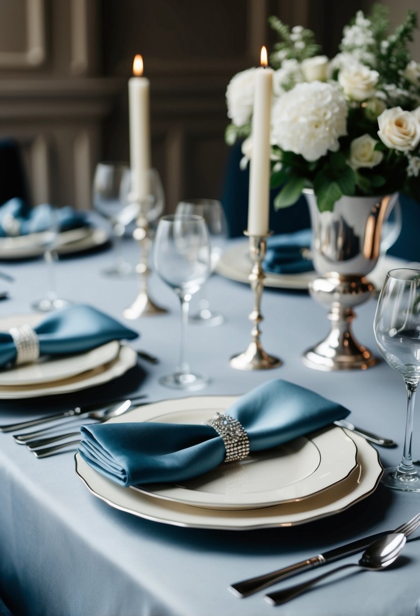 Dusty blue table linens with ivory dinnerware and silver accents