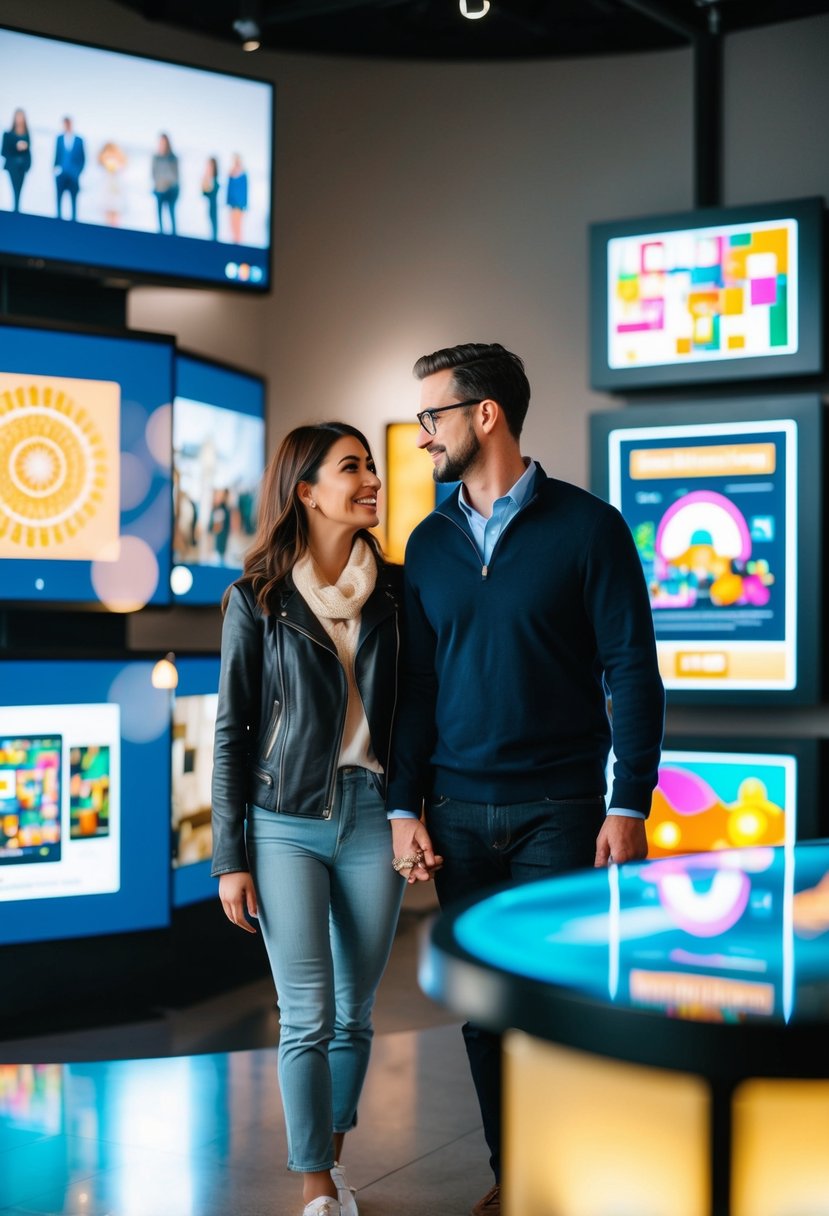 A couple explores a virtual museum tour, surrounded by digital artwork and interactive exhibits