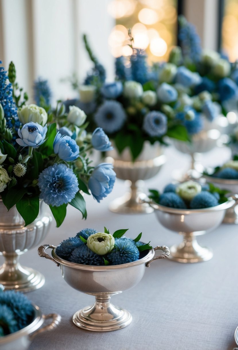 Silver compote dishes filled with dusty blue flowers arranged on a table