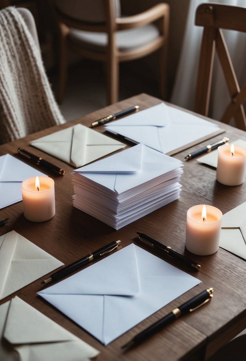 A cozy table set with paper, pens, and candles, surrounded by two chairs. A stack of blank envelopes sits in the center, ready for love letters to be written