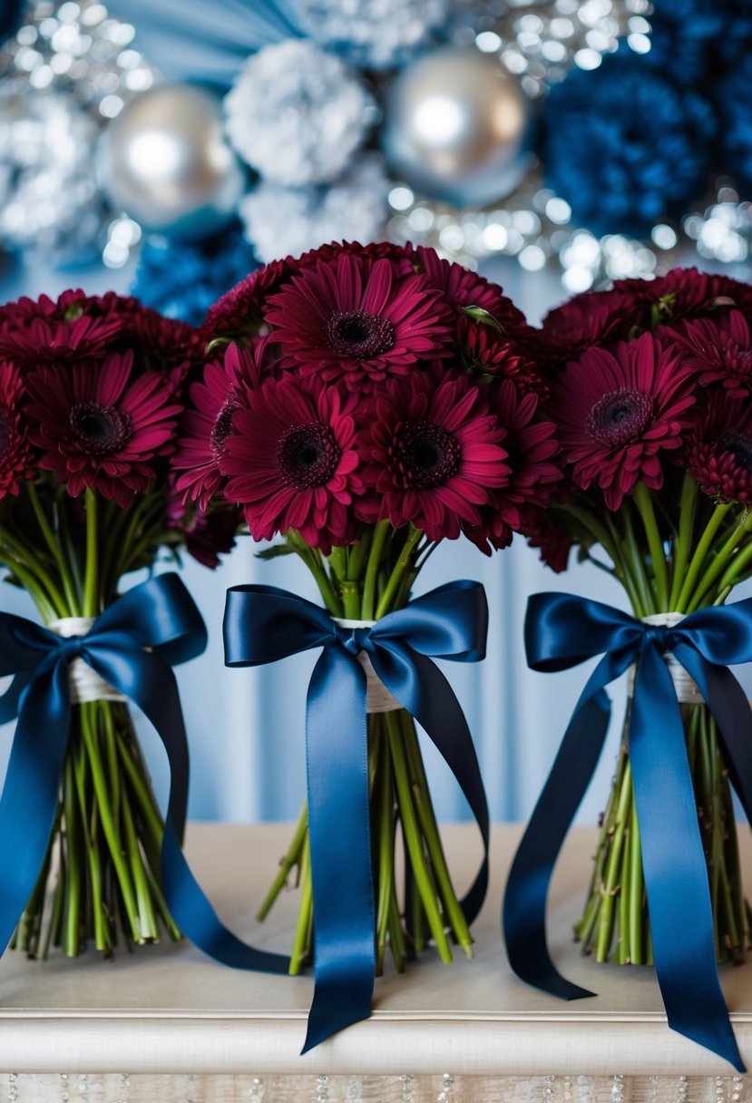 Burgundy bouquets tied with dusty blue ribbons, set against a backdrop of dusty blue and silver wedding decor