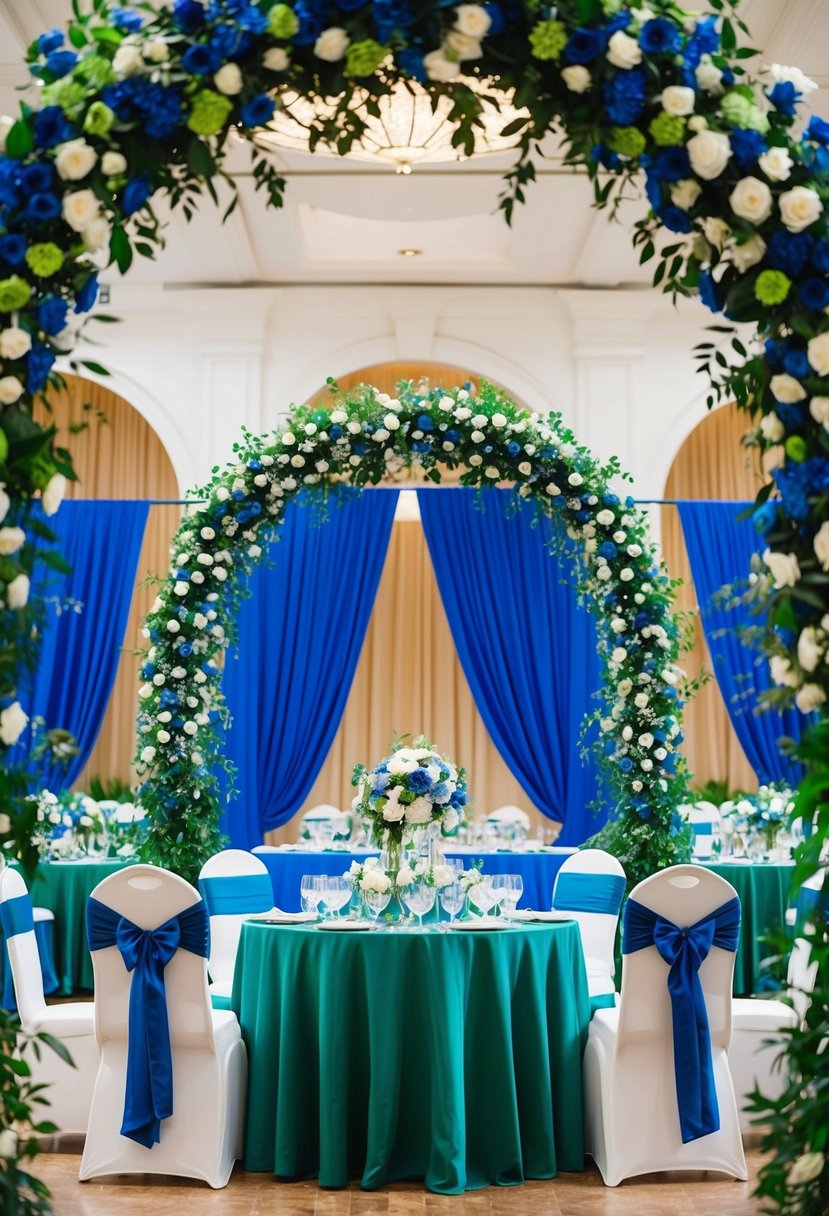 A royal blue and green wedding scene with lush floral arrangements, elegant table settings, and a grand archway adorned with the vibrant colors