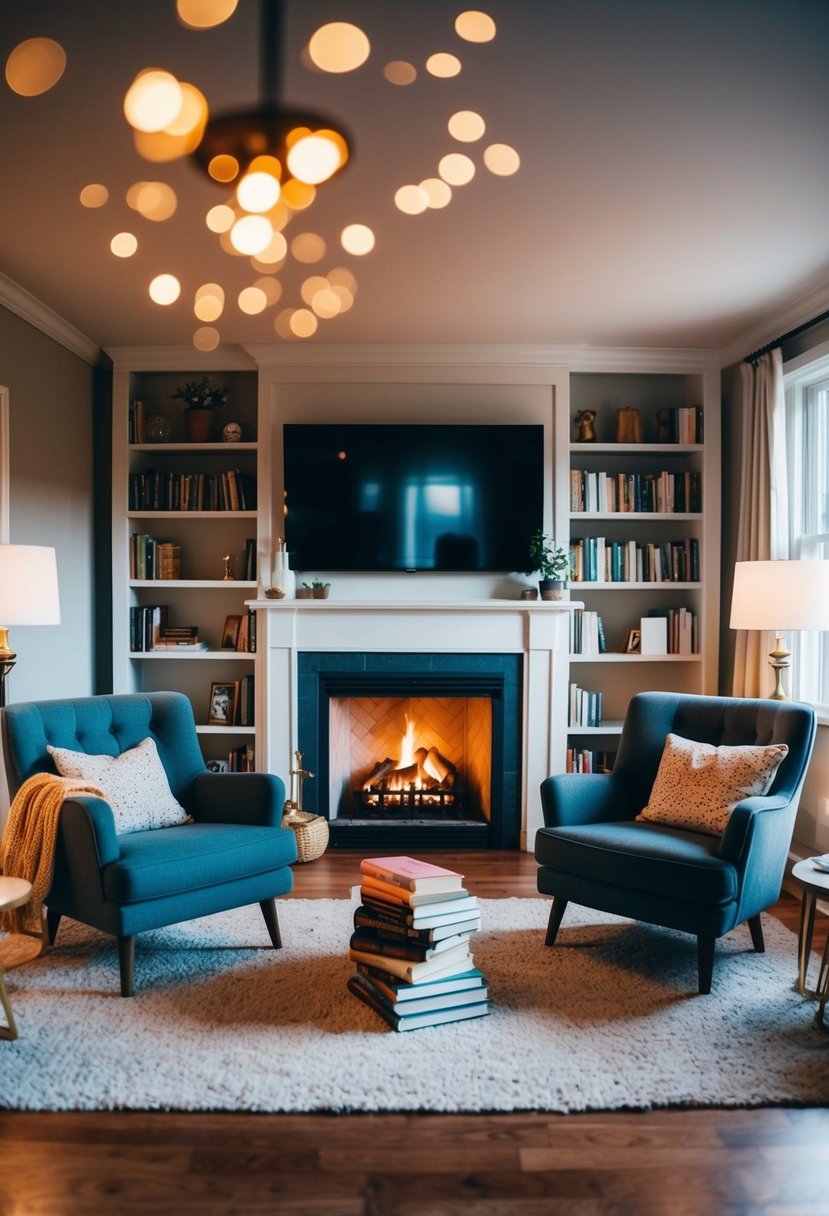 A cozy living room with a crackling fireplace, a pile of books, and two comfortable chairs set up for a romantic evening of storytelling