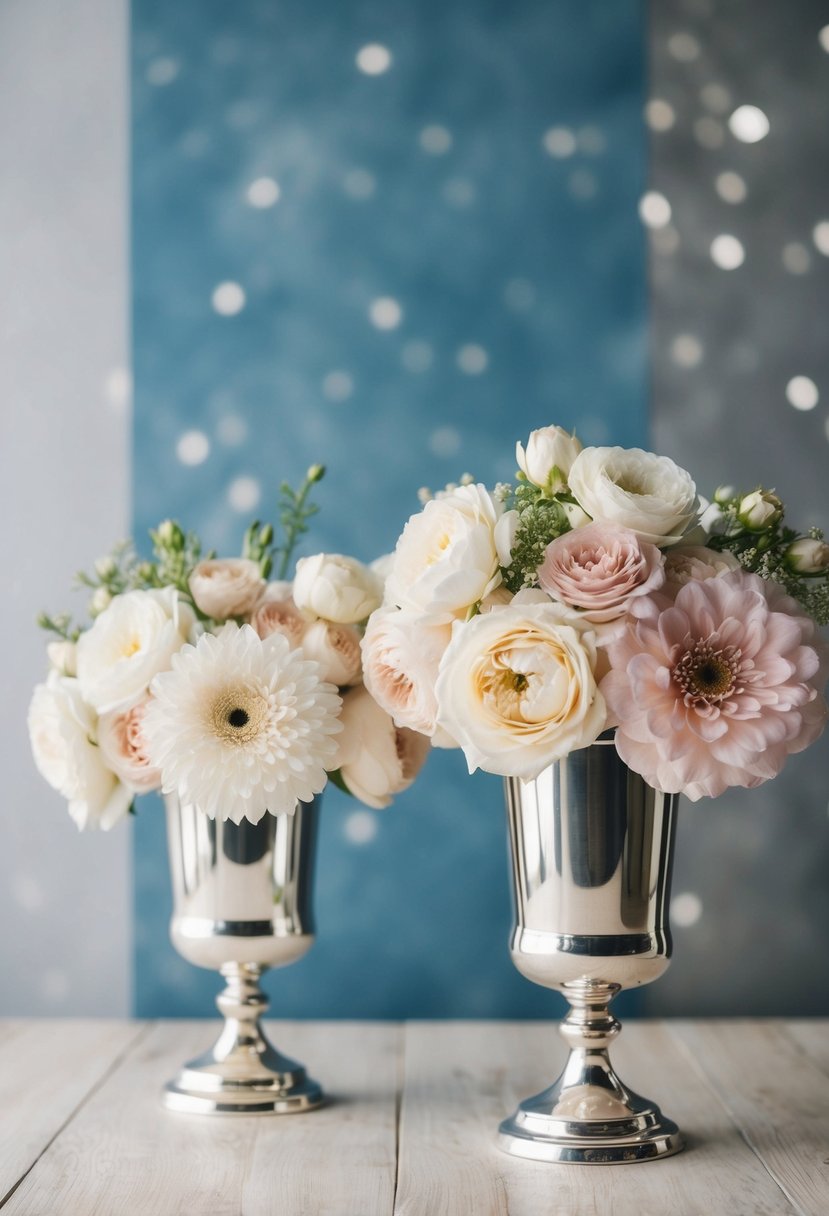 Ivory and blush flowers in silver holders against a dusty blue and silver backdrop