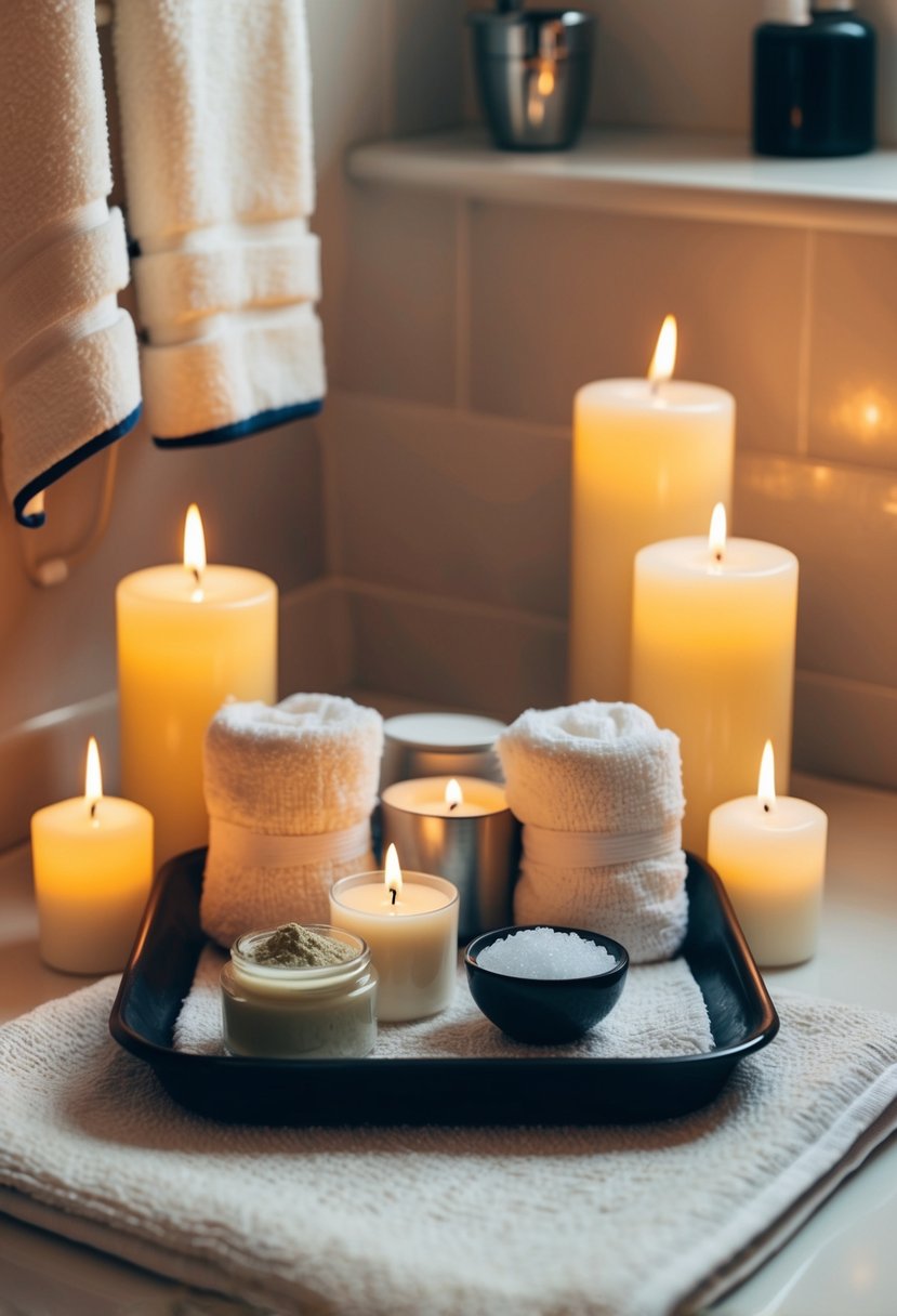 A cozy bathroom with flickering candles, fluffy towels, and a tray of homemade spa treatments like face masks and bath salts