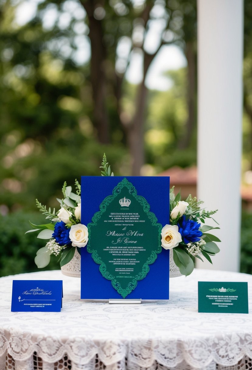 A regal emerald green and royal blue wedding invitation set displayed on a white lace tablecloth with matching floral accents