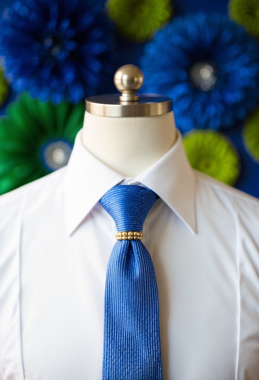 A seersucker tie with royal blue accents against a backdrop of royal blue and green wedding decor