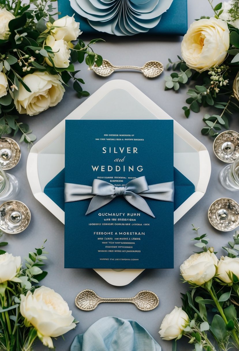 A dusty blue and silver wedding invitation surrounded by coordinating decor and floral arrangements