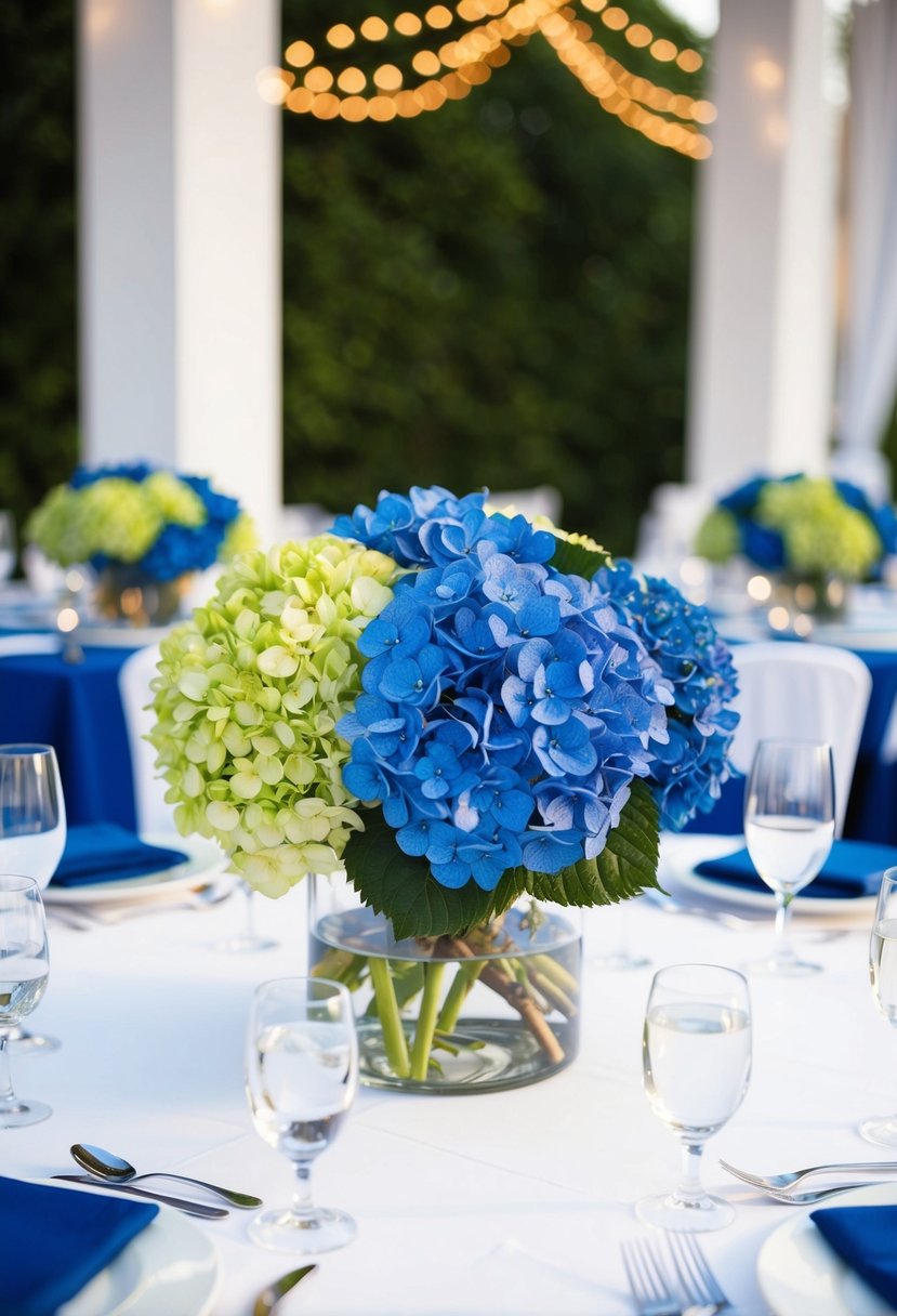 A table adorned with royal blue and green hydrangea centerpieces