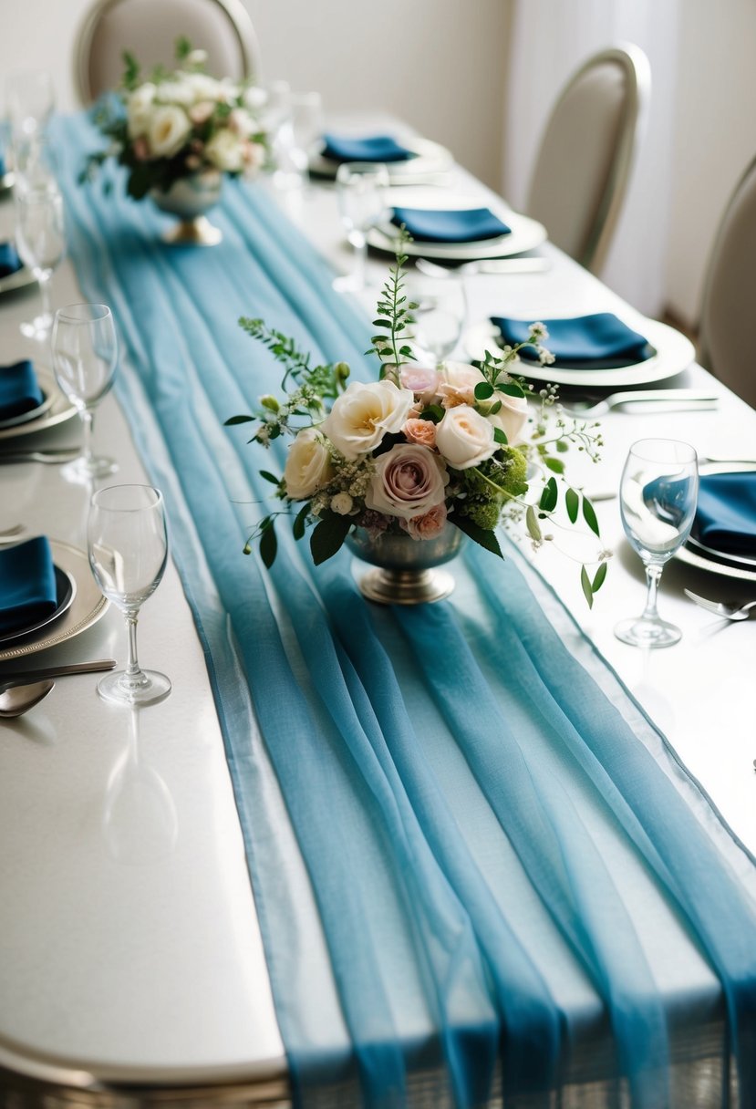 Dusty blue gauze runners draped across a silver table with delicate floral arrangements