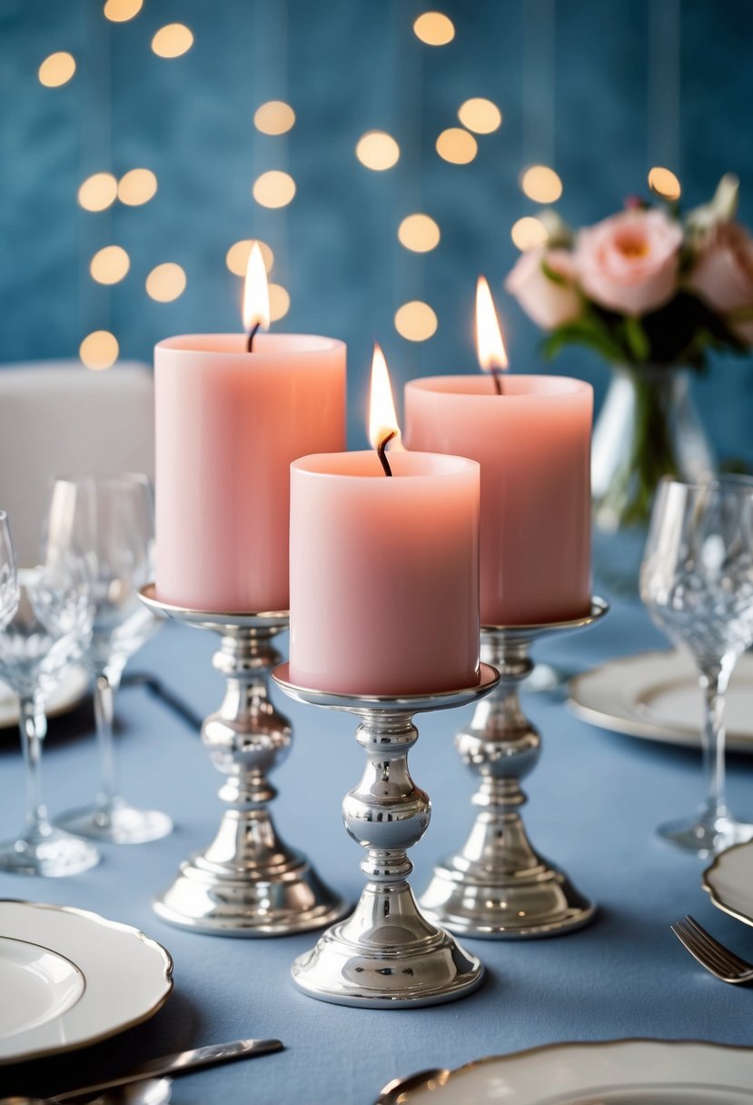 Silver candle holders hold blush candles in a dusty blue and silver wedding color scheme