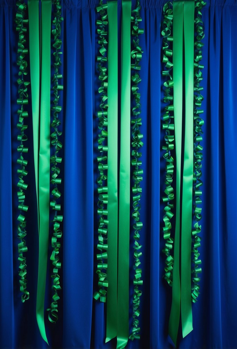 A royal blue backdrop adorned with cascading green ribbons