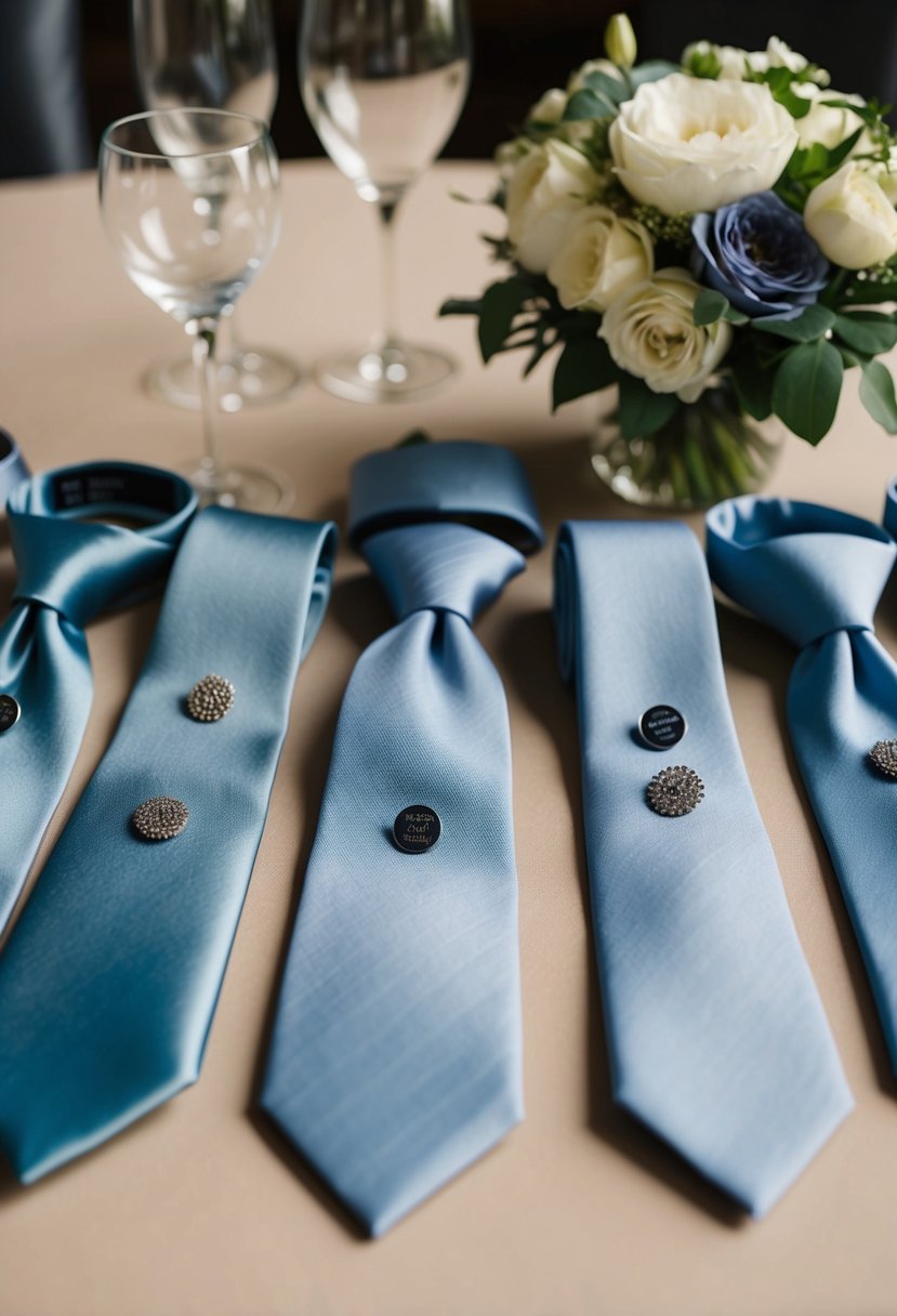 Dusty blue ties with silver pins arranged in a stylish wedding setting