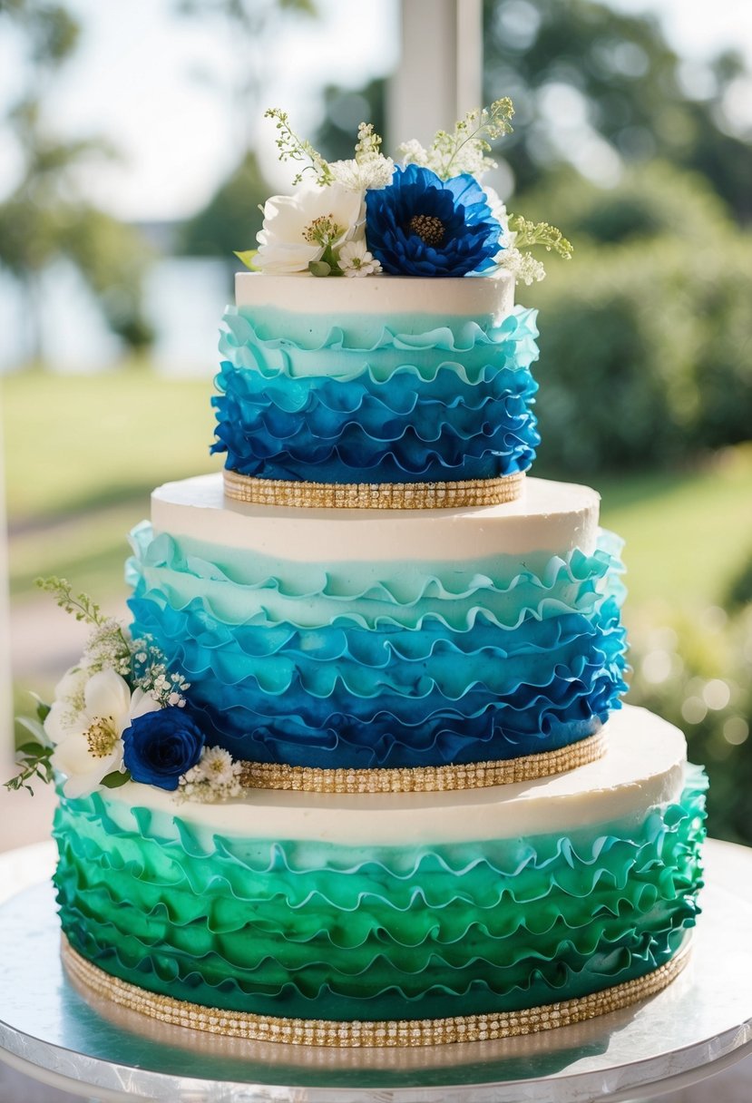 A tiered wedding cake with ombre royal blue and green ruffled icing, adorned with delicate floral accents