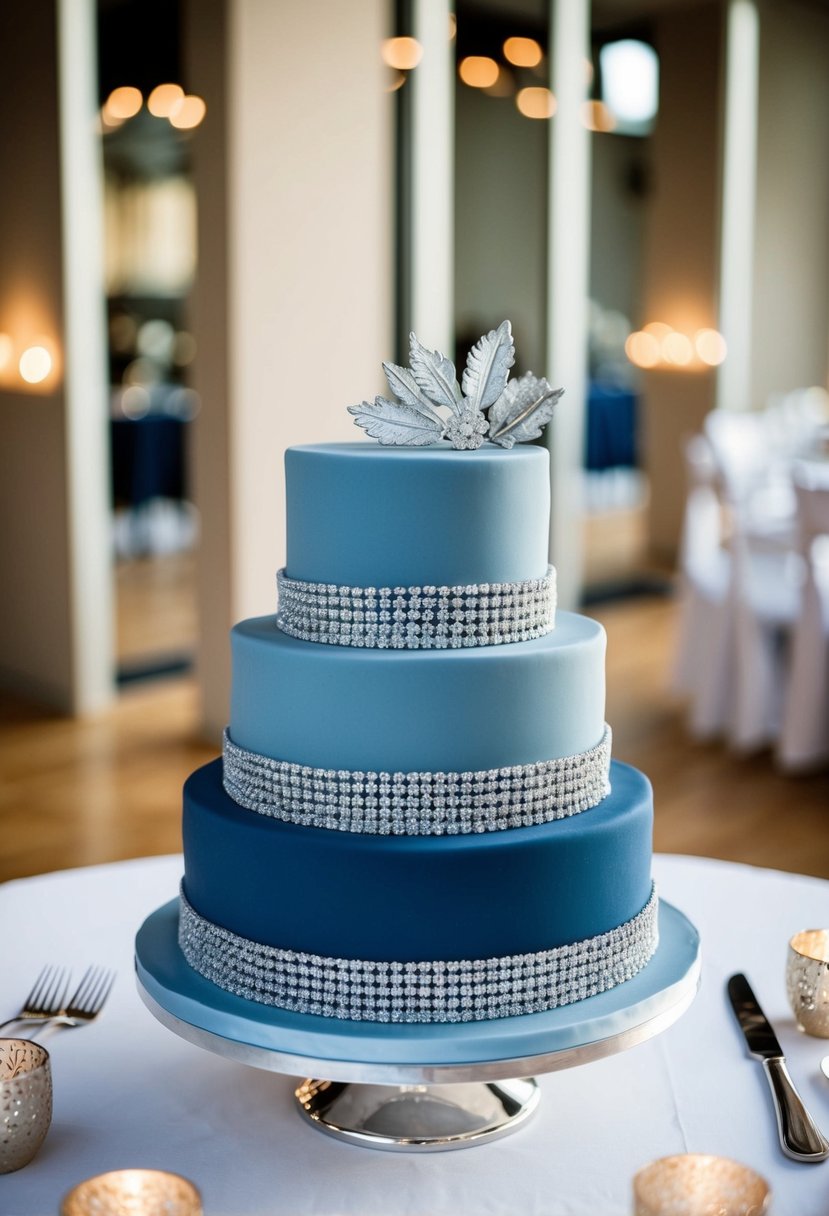 A three-tiered navy and dusty blue layered cake adorned with silver accents