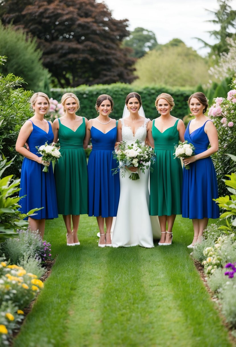 A wedding party stands in a garden, wearing jewel-tone bridesmaid dresses in royal blue and green, surrounded by lush foliage and blooming flowers