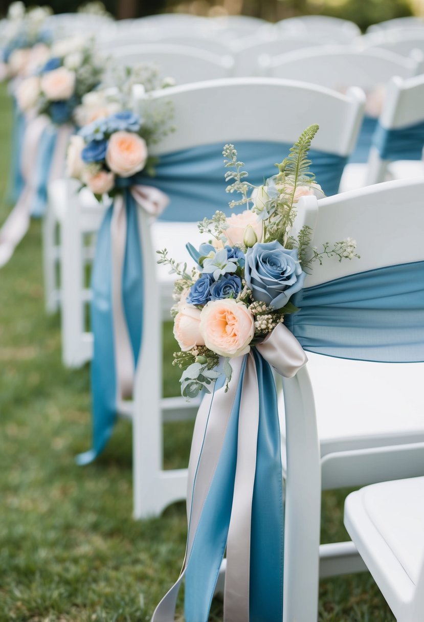 Dusty blue and blush flowers intertwined with silver ribbons on a wedding aisle