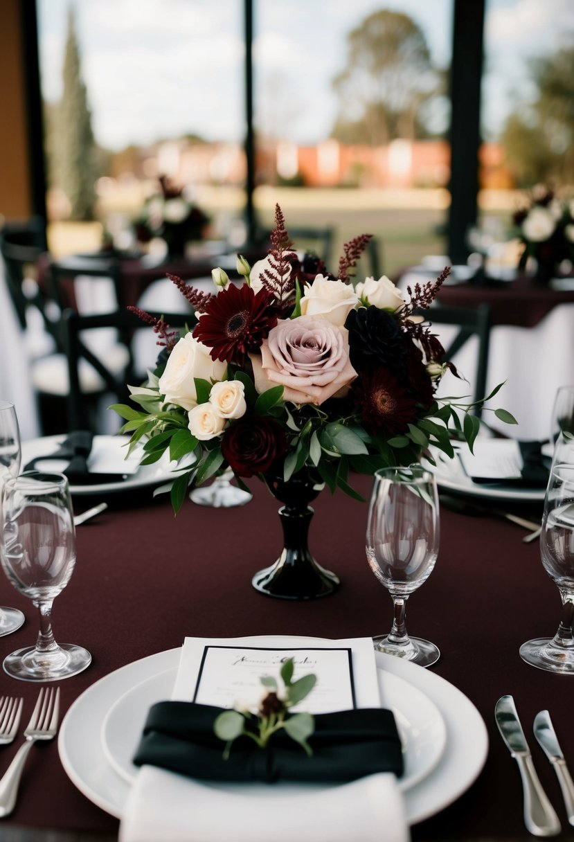 A maroon and black wedding scene with floral centerpieces and elegant table settings