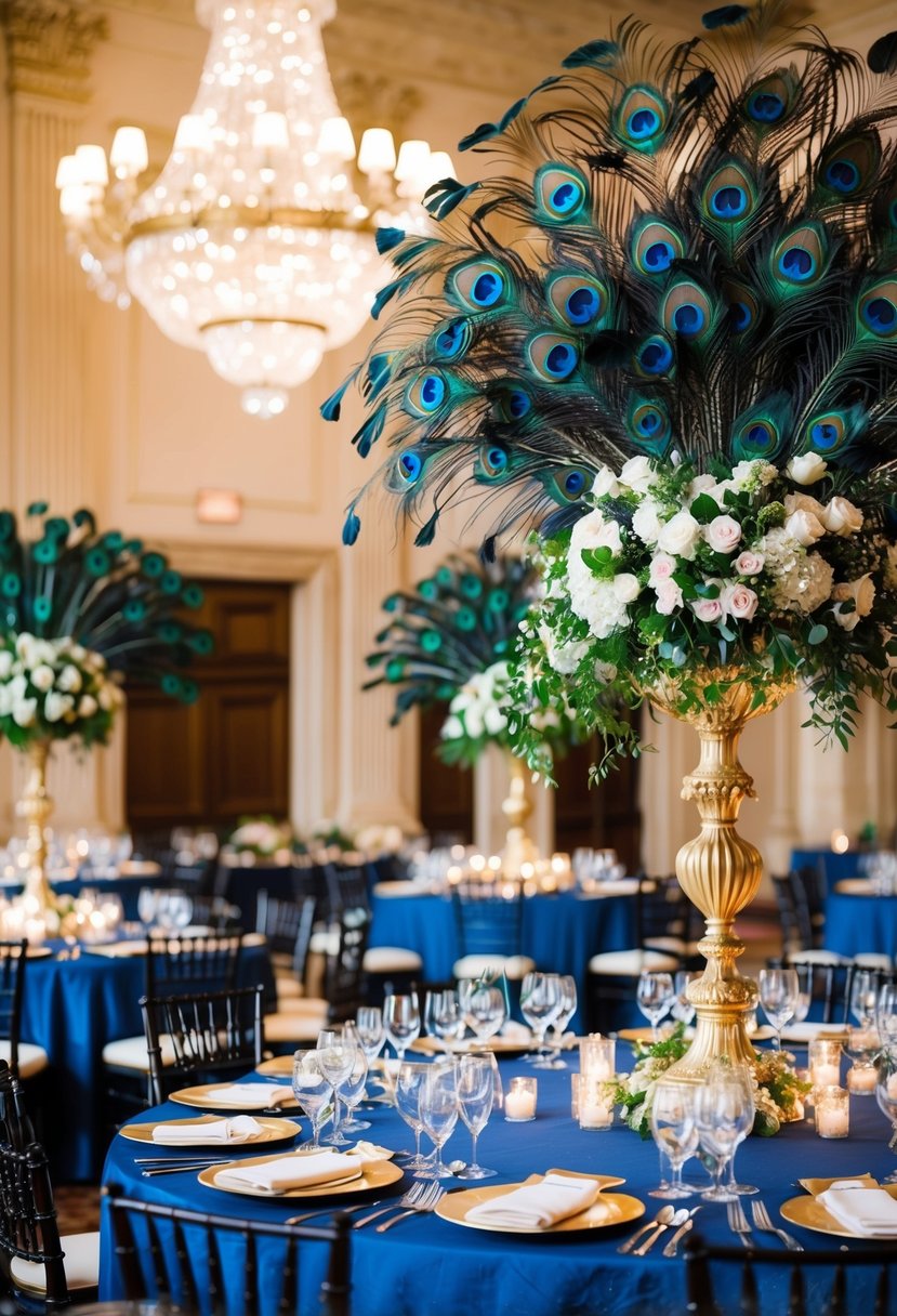 A grand banquet hall adorned with royal blue and green peacock feathers, elegant table settings, and opulent floral arrangements