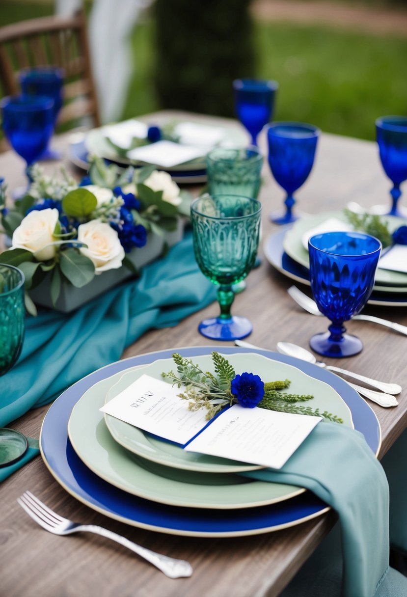 A table set with sage green and dusty blue tableware, adorned with royal blue and green accents for a wedding