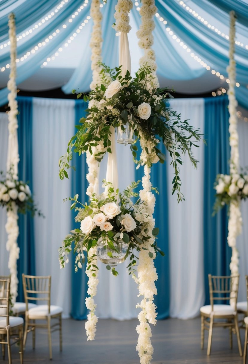 Ivory and greenery hanging from dusty blue and silver wedding decor