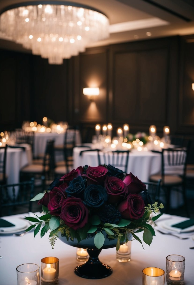 A dimly lit room with moody floral centerpieces featuring maroon and black roses, creating an elegant and dramatic atmosphere for a wedding