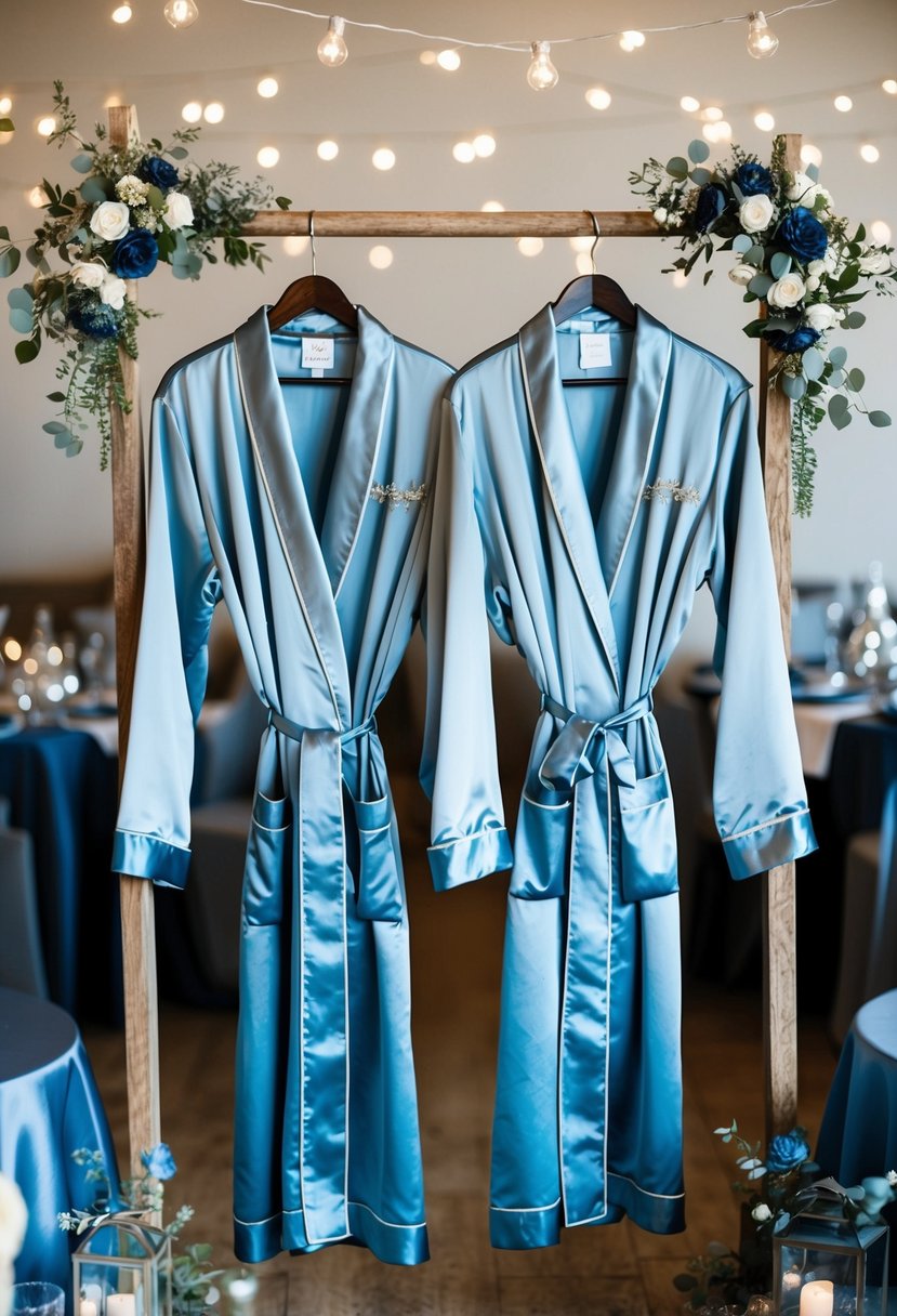 Dusty blue robes with silver trim hang on a rustic wooden rack, surrounded by dusty blue and silver wedding decor