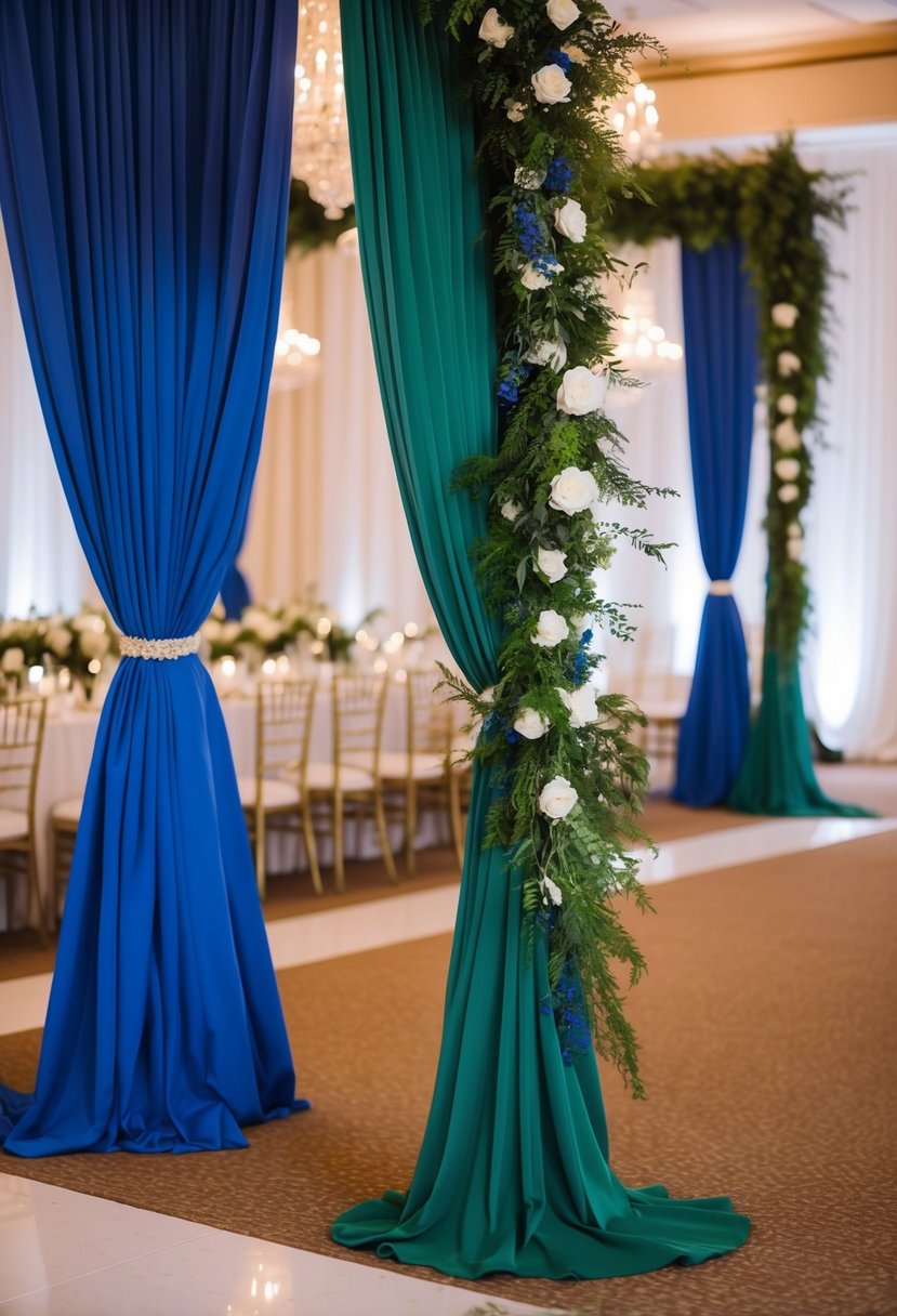 Royal blue and forest green drapery cascading in an elegant wedding setting