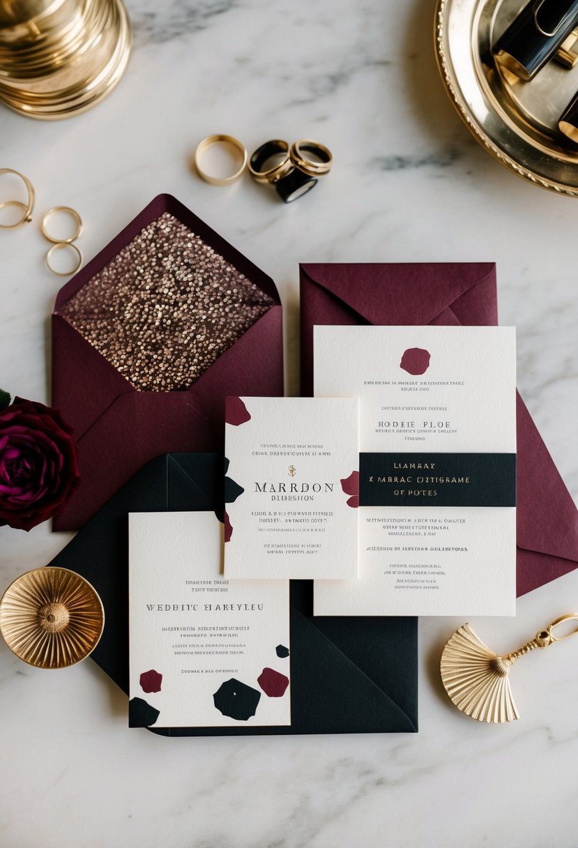 A luxurious wedding invitation suite in maroon and black