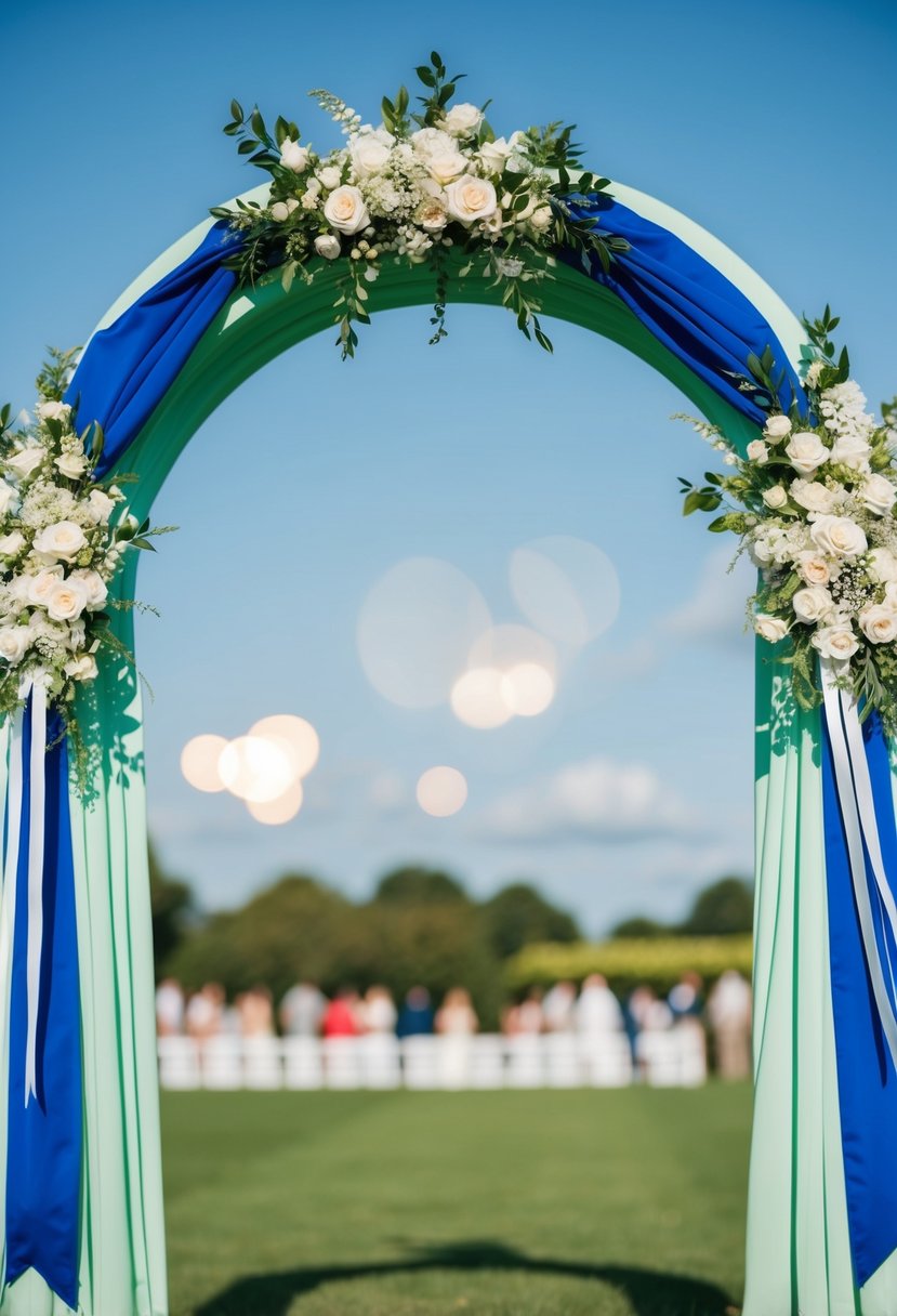 A royal blue and mint green wedding arch adorned with flowers and ribbons